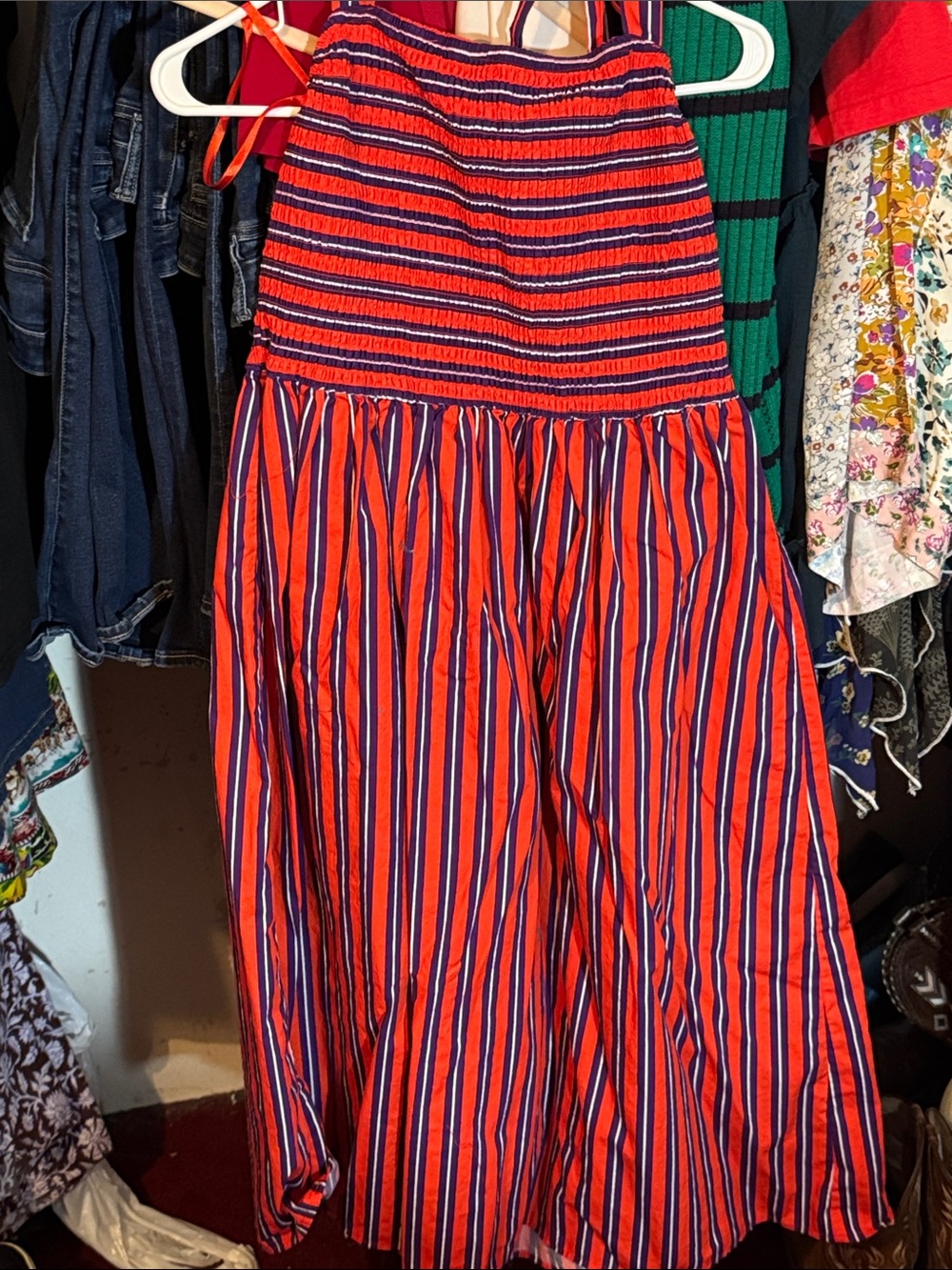 Red and Navy Striped halter Smocked Midi Dress